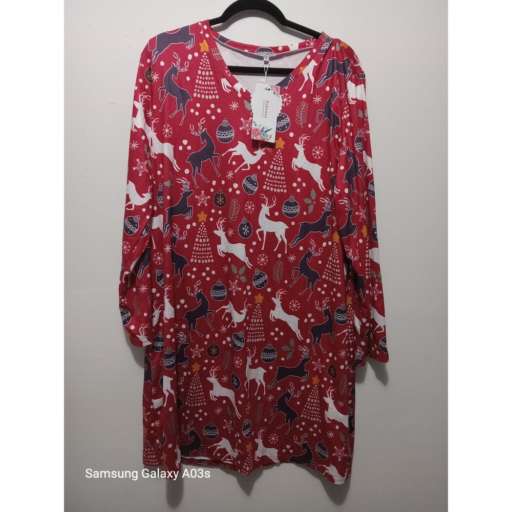 Christmas Holiday Red Reindeer Trees Long Sleeve Sleep Shirt Gown Festive Party